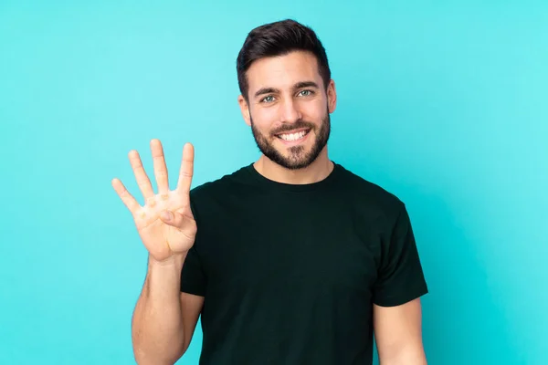 Caucásico Guapo Hombre Aislado Sobre Fondo Azul Feliz Contando Cuatro — Foto de Stock