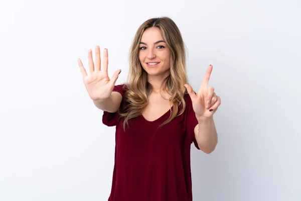 Zole Edilmiş Beyaz Arka Plan Üzerinde Genç Bir Kadın Parmaklarıyla — Stok fotoğraf