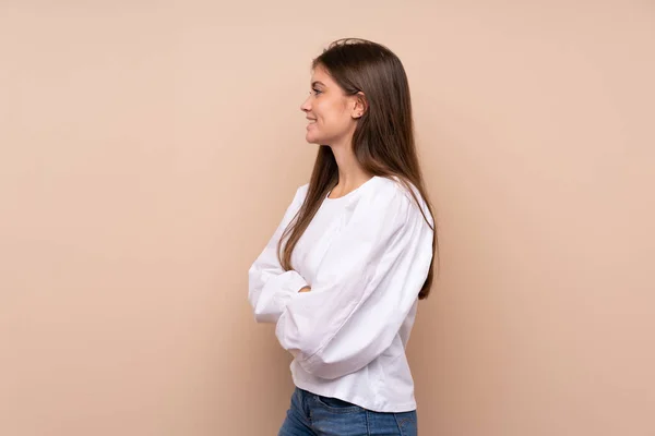 Chica Joven Sobre Fondo Aislado Posición Lateral — Foto de Stock