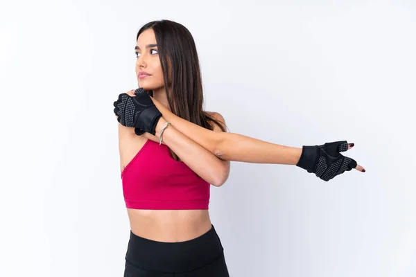 Young Sport Brunette Woman Isolated White Background Stretching Arm — Stock Photo, Image