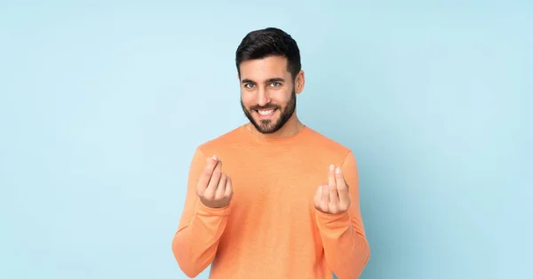 Caucasian Handsome Man Making Money Gesture Isolated Blue Background — Stock Photo, Image