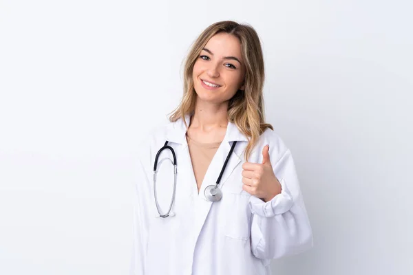 Young Woman Isolated White Background Wearing Doctor Gown Thumb — Stock Photo, Image