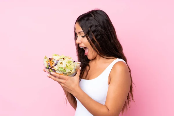 Young Woman Salad Isolated Wall — Stock Photo, Image