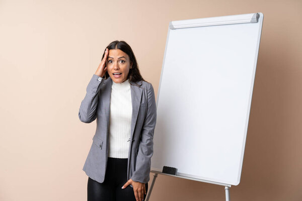 Young woman giving a presentation on white board with surprise and shocked facial expression