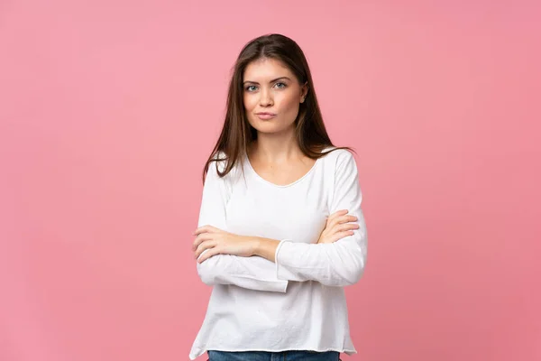 Young Woman Isolated Pink Background Feeling Upset — Stock Photo, Image