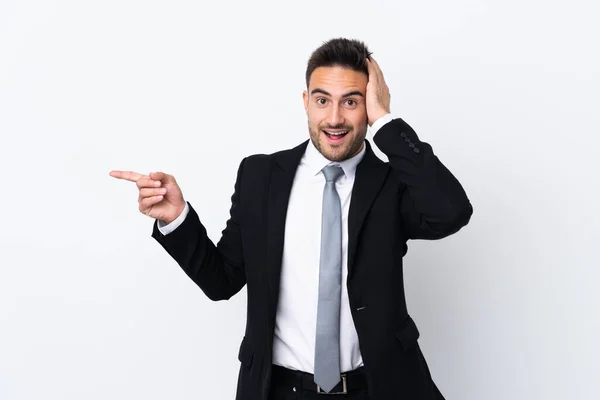 Young Business Man Isolated Background Surprised Pointing Finger Side — Stock Photo, Image