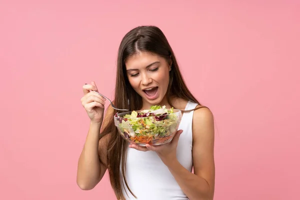 Young Woman Salad Isolated Pink Wall — Stock Photo, Image