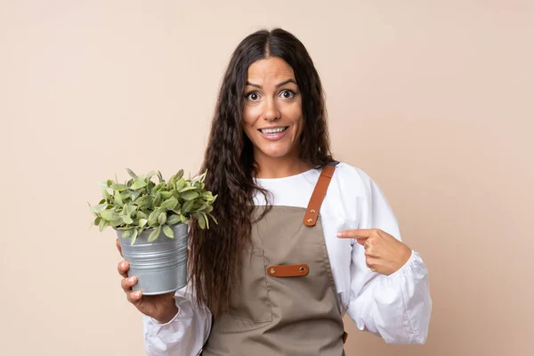 Jonge Vrouw Met Een Plant Met Verrassing Gezichtsuitdrukking — Stockfoto
