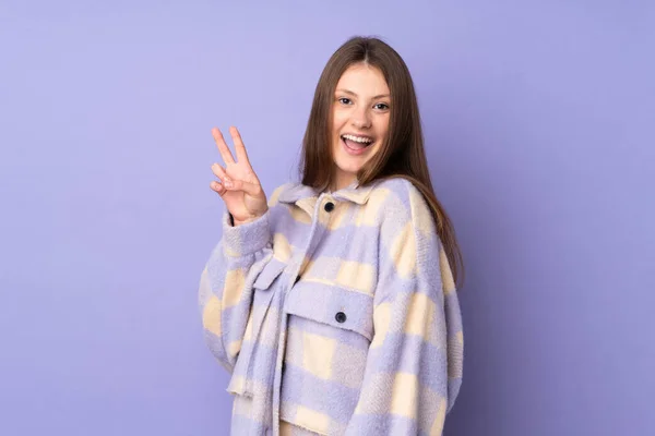 Teenager Caucasian Girl Isolated Purple Background Smiling Showing Victory Sign — Stock Photo, Image