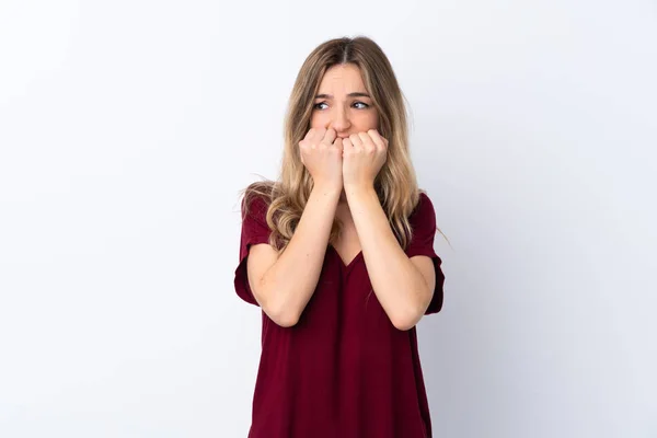 Young Woman Isolated White Background Nervous Scared Putting Hands Mouth — Stock Photo, Image