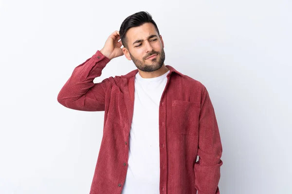 Young Handsome Man Beard Wearing Corduroy Jacket Isolated White Background — Stock Photo, Image