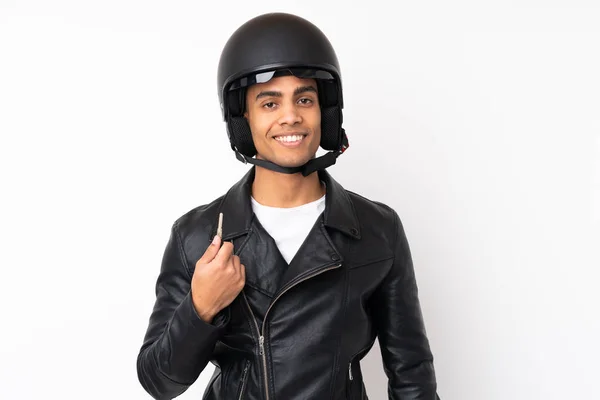 Mladý Pohledný Muž Motocyklovou Přilbou Přes Izolované Bílé Pozadí — Stock fotografie