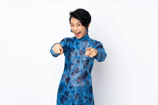 Young Vietnamese Woman Short Hair Wearing Traditional Dress Isolated White — Stock Photo, Image