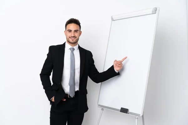 Young Man Giving Presentation White Board Pointing — Stock Photo, Image