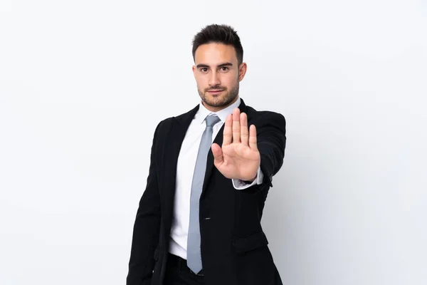 Young Business Man Isolated Background Making Stop Gesture Her Hand — Stock Photo, Image