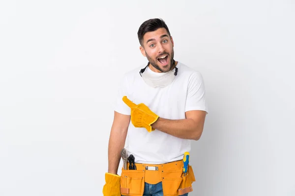 Craftsmen Electrician Man Isolated White Background Pointing Finger Side — Stock Photo, Image