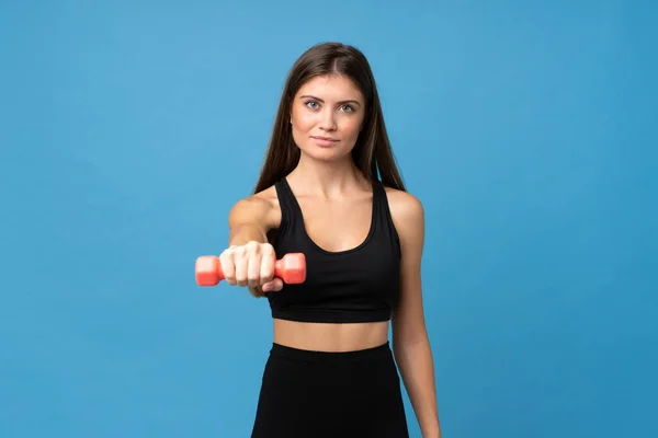 Jovem Mulher Sobre Fundo Isolado Fazendo Levantamento Peso — Fotografia de Stock