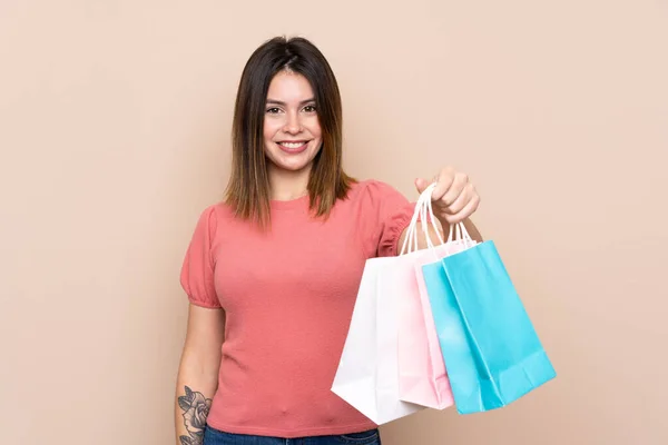 Young Woman Shopping Bag Isolated Background Happy Expression — Stock Photo, Image