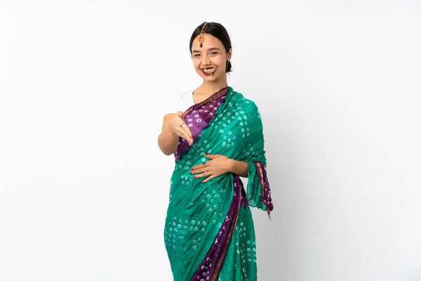 Jeune Femme Indienne Isolée Sur Fond Blanc Serrant Main Pour — Photo
