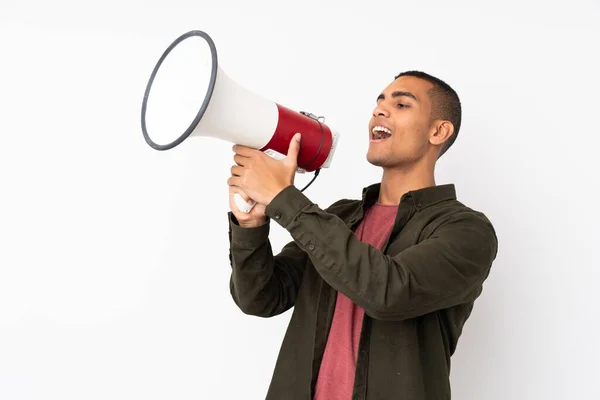 Young African American Man Isolated White Background Shouting Megaphone — 스톡 사진