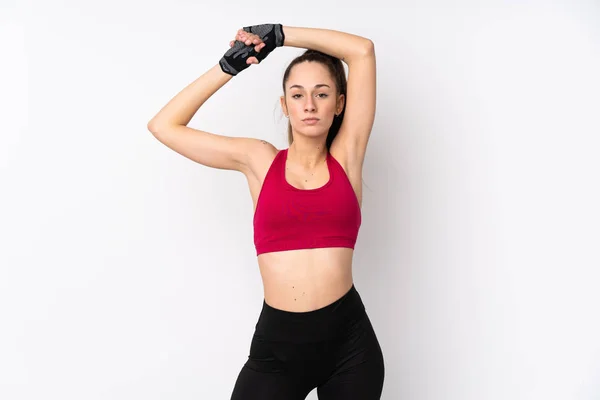 Junge Sport Brünette Frau Über Isolierte Weiße Hintergrund Stretching — Stockfoto