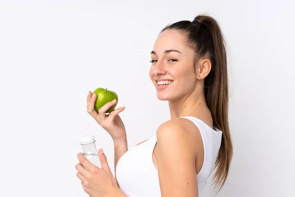 Junge Brünette Frau Über Isolierten Weißen Hintergrund Mit Einem Apfel — Stockfoto
