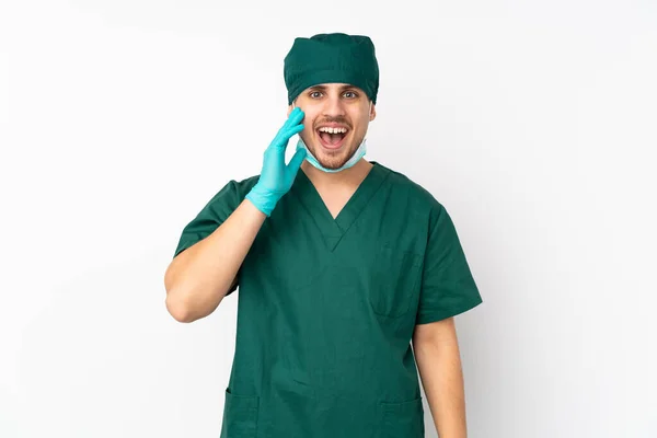 Surgeon Green Uniform Isolated Isolated White Background Surprise Shocked Facial — Stock Photo, Image