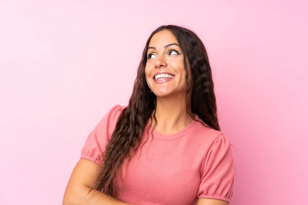Young Woman Isolated Pink Background Laughing Looking — Stock Photo, Image