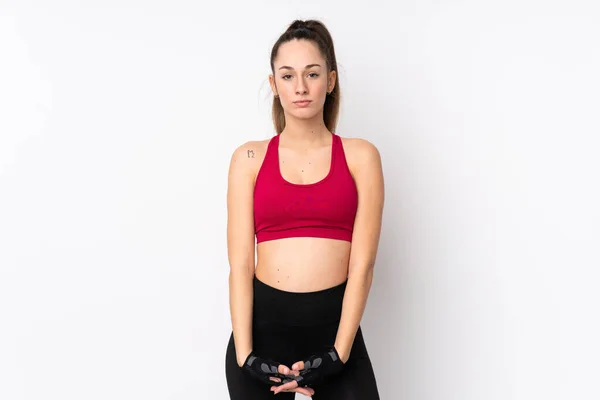 Jonge Sport Brunette Vrouw Geïsoleerde Witte Achtergrond Stretching Arm — Stockfoto