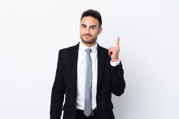 Jonge Zakenman Geïsoleerde Achtergrond Wijzen Met Wijsvinger Een Geweldig Idee — Stockfoto