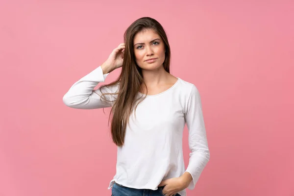 Young Woman Isolated Pink Background Having Doubts — Stock Photo, Image