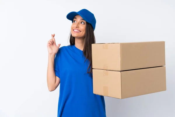 Young Delivery Woman Isolated White Background Fingers Crossing — Stock Photo, Image