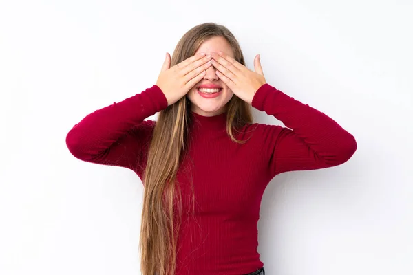 Teenager Blonde Girl Isolated White Background Covering Eyes Hands — Stock Photo, Image