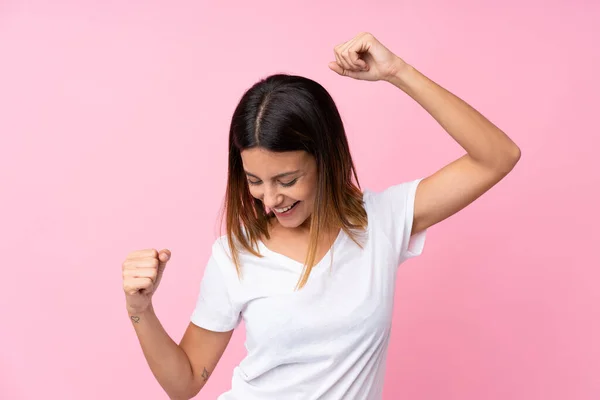 Young Woman Isolated Pink Background Celebrating Victory — Stock Photo, Image