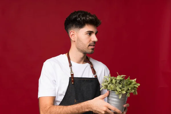 Junger Mann Über Isoliertem Hintergrund Nimmt Einen Blumentopf — Stockfoto