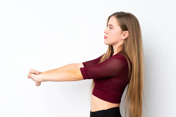 Sport Tizenéves Lány Felett Elszigetelt Fehér Háttér Stretching — Stock Fotó