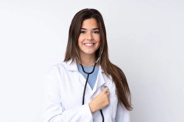 Teenager Girl Isolated White Background Wearing Doctor Gown Stethoscope — Stock Photo, Image