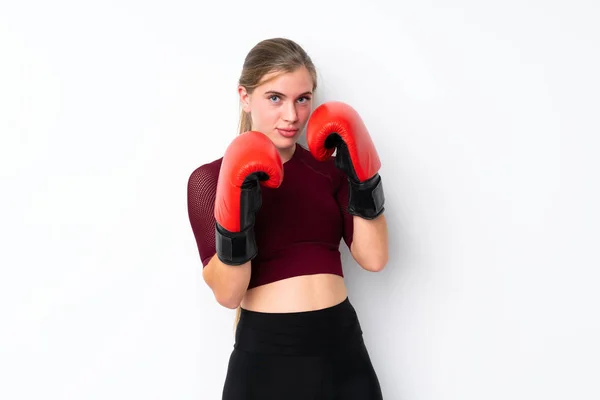 Deporte Adolescente Chica Sobre Aislado Blanco Fondo Con Guantes Boxeo — Foto de Stock