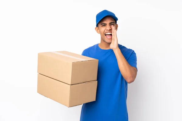 Delivery Man Isolated White Background Shouting Mouth Wide Open — Stock Photo, Image