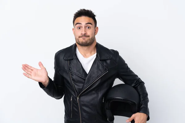 Homem Com Capacete Motocicleta Tendo Dúvidas Levantar Mãos — Fotografia de Stock