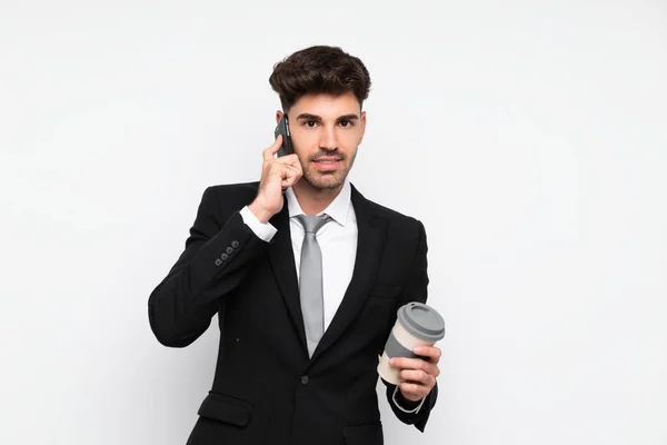 Jonge Zakenman Die Koffie Weg Nemen Geïsoleerde Witte Achtergrond — Stockfoto