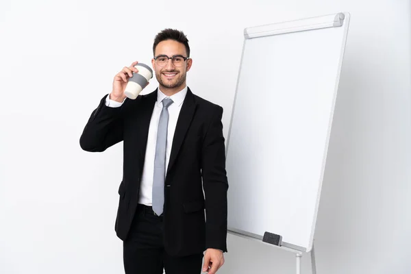 Zakenman Die Een Presentatie Geeft Wit Bord — Stockfoto