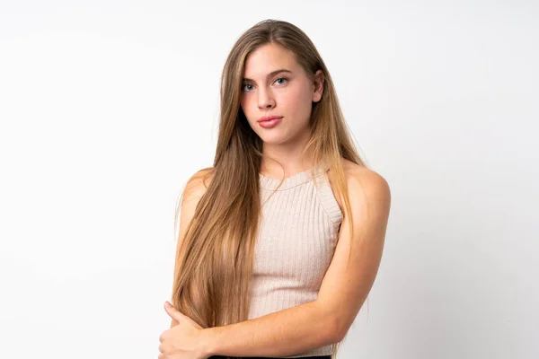 Retrato Menina Loira Adolescente Bonita Sobre Fundo Branco Isolado — Fotografia de Stock