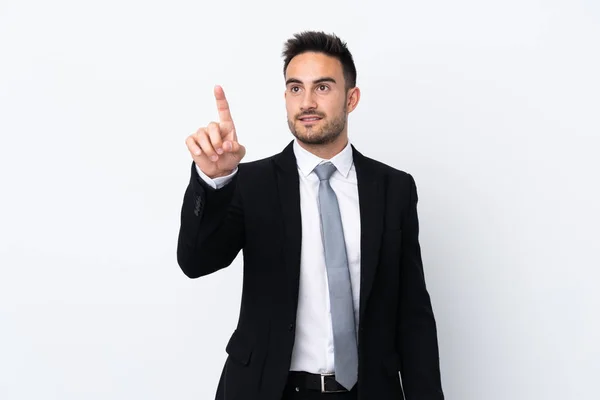 Young Business Man Isolated Background Touching Transparent Screen — Stock Photo, Image
