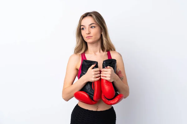 Jovem Mulher Esporte Sobre Isolado Fundo Branco Com Luvas Boxe — Fotografia de Stock