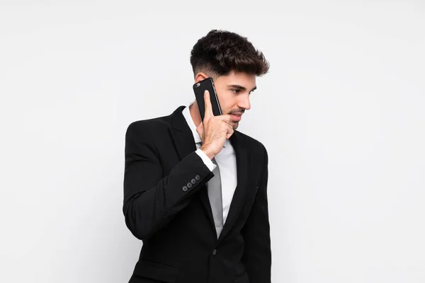 Молодой Бизнесмен Мобильным Телефоном Изолированном Белом Фоне — стоковое фото