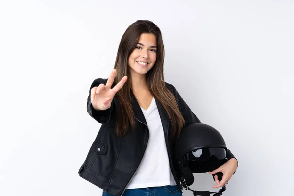 Giovane Donna Con Casco Moto Sfondo Bianco Isolato Sorridente Mostrando — Foto Stock