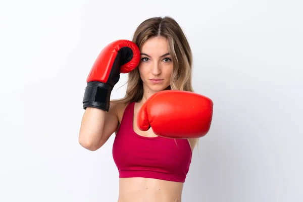 Mladý Sport Žena Přes Izolované Bílé Pozadí Boxerskými Rukavicemi — Stock fotografie