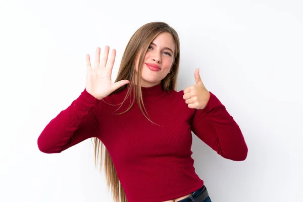 Teenager Blonde Mädchen Über Isolierten Weißen Hintergrund Zählen Sechs Mit — Stockfoto