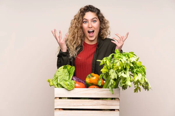 Rolnik Świeżo Zebranymi Warzywami Pudełku Izolowanym Beżowym Tle Zaskakującym Wyrazem — Zdjęcie stockowe